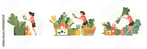 Woman grocery shopping online with smartphone and laptop buying fresh organic vegetables and groceries in basket and trolley vector illustration flat style