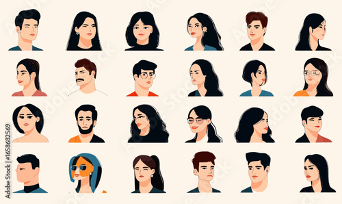 Diverse male and female flat vector avatar profiles with various hairstyles expressions and accessories minimalistic design for user icons and social media