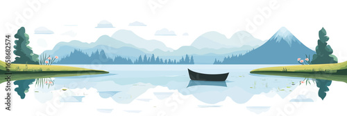Minimalist fantasy lake landscape with canoe calm water mountains pine trees grass and flowers reflected on water vector illustration in flat style