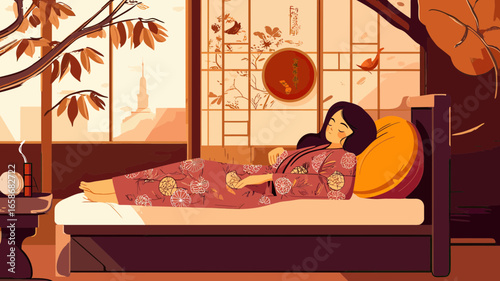 Woman resting peacefully on bed in cozy bedroom interior with autumn leaves visible through window in warm orange light flat vector illustration