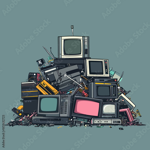 Pile of vintage and retro electronic waste including old televisions computers cassette players and circuit boards in flat minimalist vector style on solid background