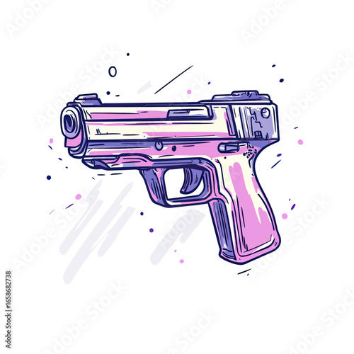 Hand drawn vector illustration of semi automatic handgun pistol in sketch style with purple and light yellow colors isolated on white background for weapon or defense concept