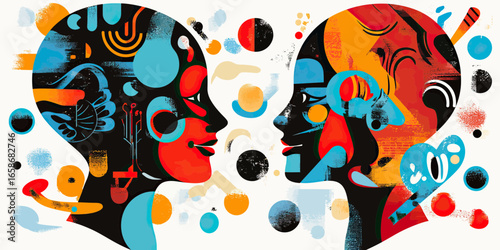 Abstract colorful artistic profiles of two human faces with geometric shapes and patterns communication concept in modern vector style