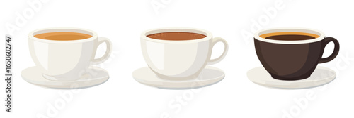 Three cups of coffee with different shades in white and brown ceramic cups on white background flat minimalist vector illustration for breakfast or coffee break concept