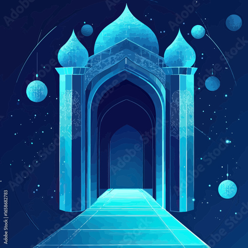 Futuristic blue polygonal mosque doorway with glowing geometric arches and spherical ornaments in starry space background vector illustration