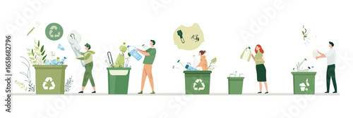 People recycling plastic bottles and trash in green bins with recycling symbols promoting environmental protection and waste management