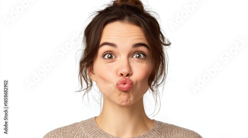 photo of funny woman makes grimace pouts lips and crosses eyes has childish expression acts like fool dressed casually isolated over white background tries to amuse someone no logos no brands ar 169
