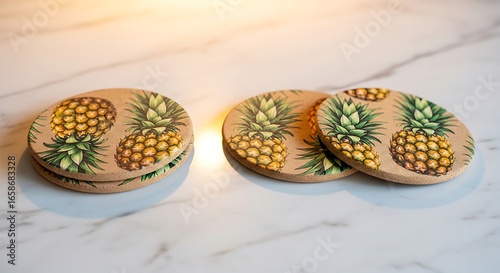 Set of Round Coasters with Pineapple Design, Perfect for Kitchen or Bar Decor