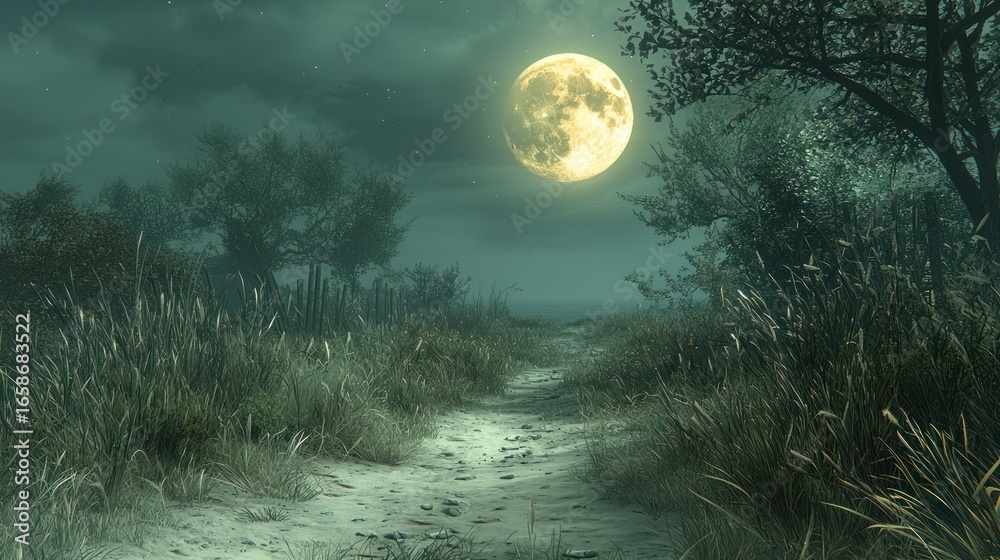 Naklejka premium Moonlit path through grassy field at night; mystical background