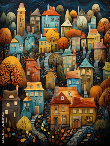A colorful and imaginative illustration of a quaint village surrounded by vibrant trees and winding paths.