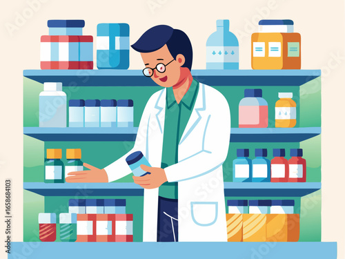 Male pharmacist selecting medication in a pharmacy