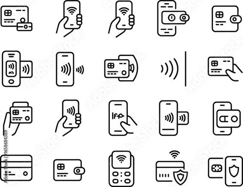 Contactless payment icons, mobile wallet, NFC, credit card, secure transaction, digital banking, financial technology, e-commerce, secure tap pay