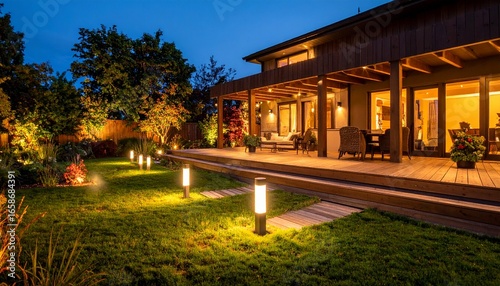 Illuminated Backyard Oasis: Modern Home with Glowing Garden Path and Deck at Twilight.