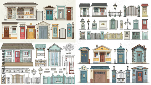 Flat vector illustration of vintage doors, fences, gates, and architectural elements. Ideal for home exterior, restoration, and old building design concepts.