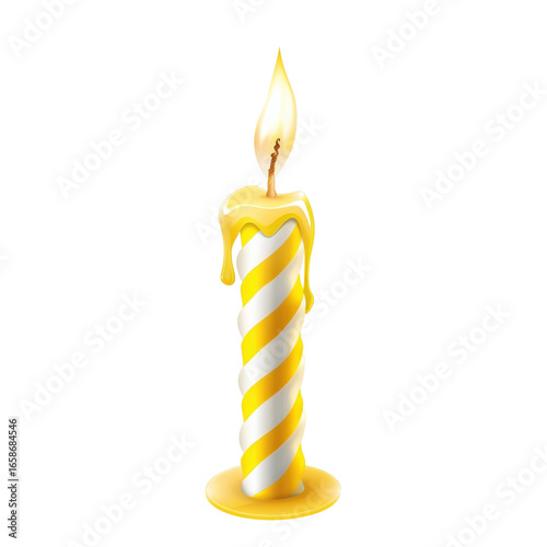 Burning striped candle with dripping wax, celebration and decoration