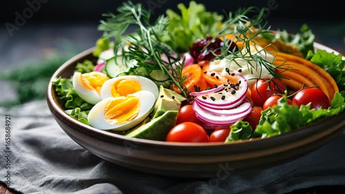 vegetable salad with eggs in the hands of a woman. Selective focus. food.