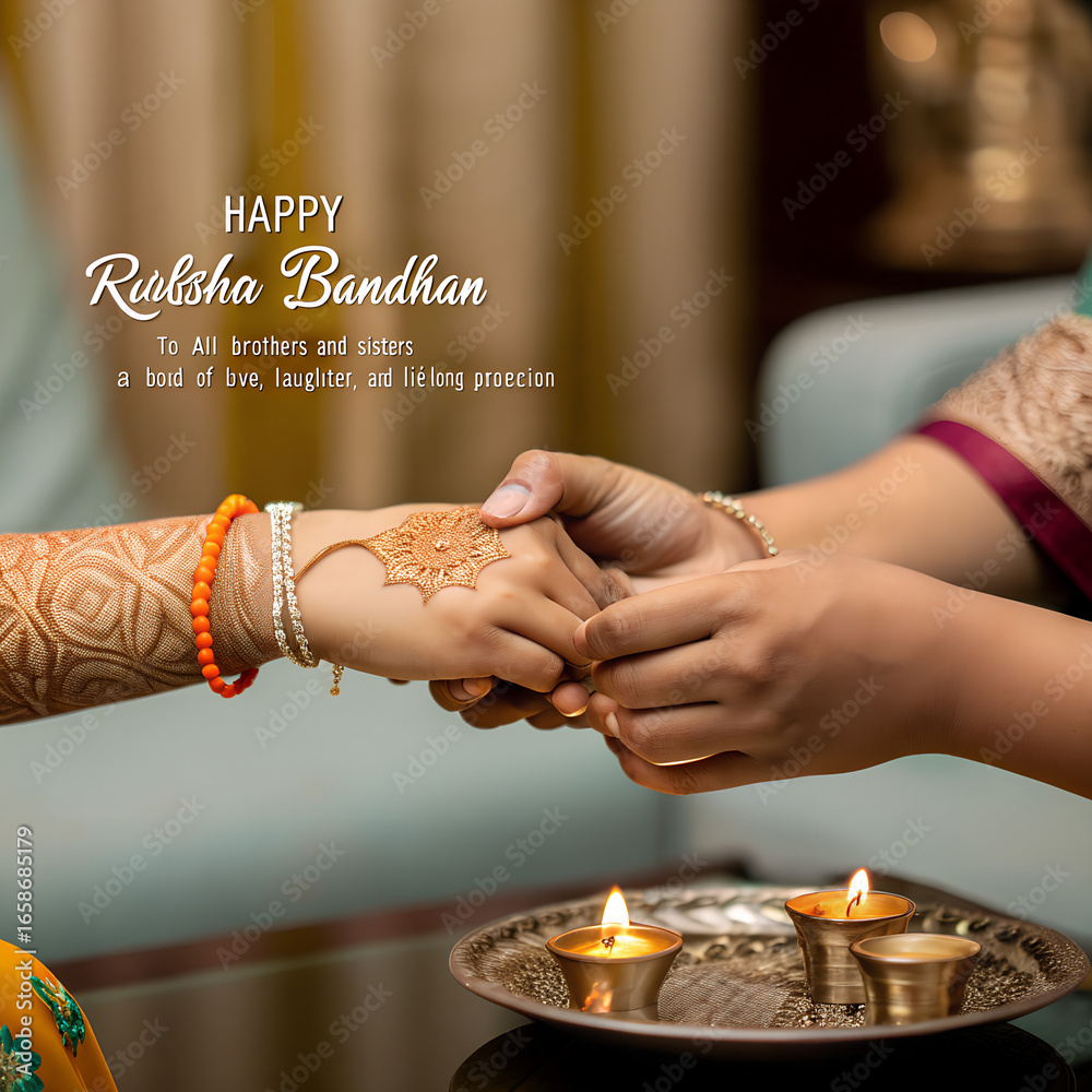 Obraz premium Heartwarming Raksha Bandhan (Rakhi) celebration showcasing an Indian sister tying a beautiful rakhi on her brother’s wrist, symbolizing love and protection. The scene includes joyful expressions, vib