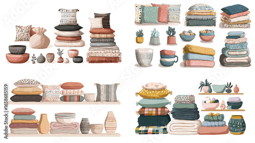 Flat vector illustration of cozy pillows, blankets, ceramics, and plants. Perfect for home interior, lifestyle, comfort, and modern decoration design concepts.