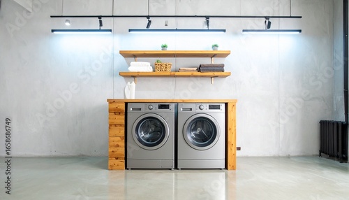 Industrial Chic Laundry Room with Symmetrical Washers, Wood Accents, and Cool LED Lighting