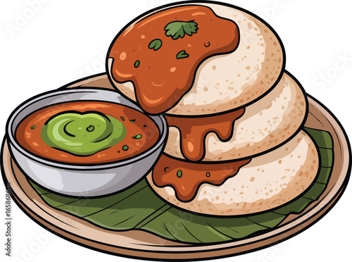 Vector Design of Indian Dosa with Sambhar and Green Chutney, Transparent Background.