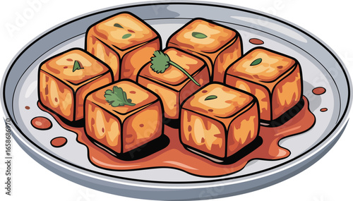 Vector Design of Indian Paneer Tikka in a Plate with Gravy, Transparent Background.