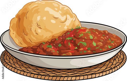 Vector Illustration of Traditional Indian Lentil Curry with Naan on White Plate, Transparent Background.