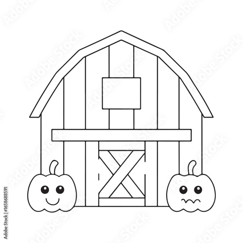 Black and white illustration of a barn with two smiling pumpkins and one grumpy pumpkin farm agriculture