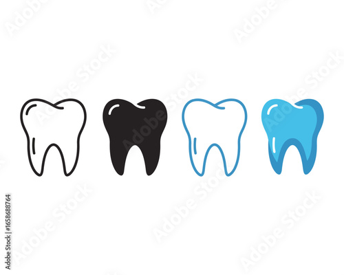 Four tooth icons in white black and blue dental care and oral hygiene