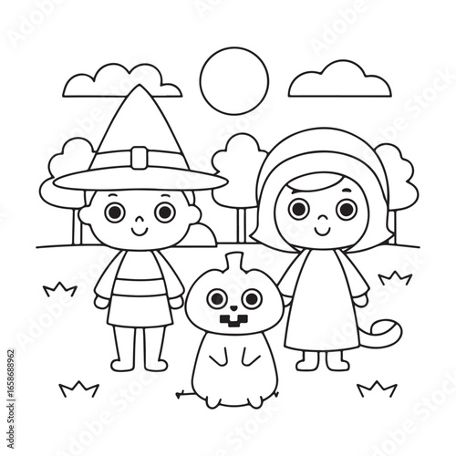 Cute cartoon children in Halloween costumes with a pumpkin and moon in a park witch girl