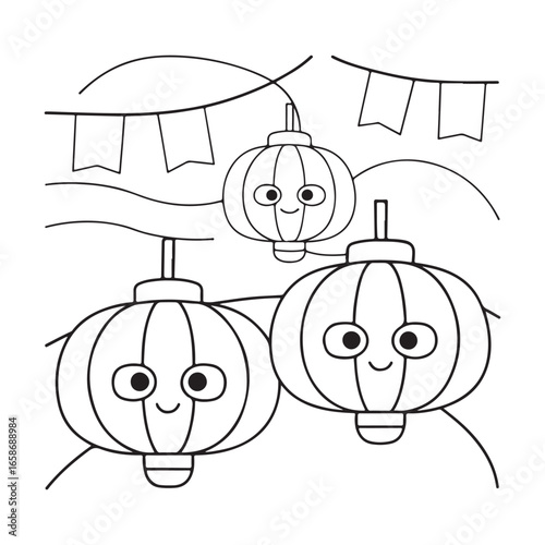 Festive cartoon lanterns with happy faces hanging from strings with bunting flags lamp light