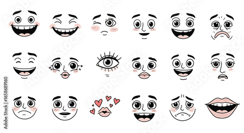 Cartoon Faces Expressing Different Emotions Simple Black and White Illustration