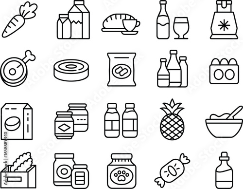 Food and beverage icons set, fruits, vegetables, dairy products, drinks, packaged food, snacks, condiments, cooking ingredients, healthy eating, grocery items, nutrition, kitchen essentials