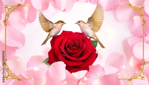 Two birds flanking a red rose surrounded by pink rose petals
