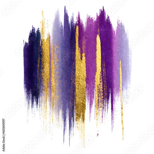 Violet and gold watercolor blend in vertical drip isolated on transparent background | Metallic purple paint splash PNG artistic stain texture watercolor drip design for overlays and digital artwork