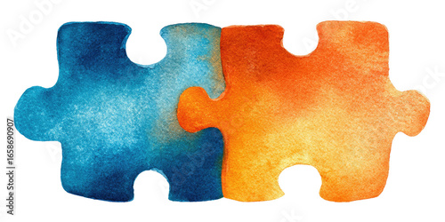 Two watercolor puzzle pieces, blue and orange, joined together