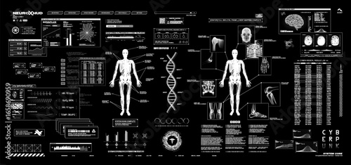Full medical examination in cyberpunk style with HUD, UI interface. Futuristic healthcare app, screen interface with a 3d hologram, mri, dna, 3d hologram brain, x-ray, body. Cyberpunk HUD, UI. Vector