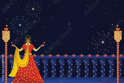 A beautiful illustration of the Diwali celebration in India. A woman in a red lehenga holds oil lamps, with a sky full of colorful fireworks.