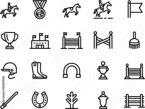 Horse riding icons, equestrian equipment, competition elements, jump obstacles, trophies, medals, stable tools, rider gear, championship symbols, vector outline set