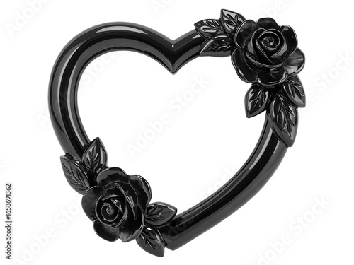 3D ICON Black Heart Frame with Roses Elegant Gothic Design Element transparent png