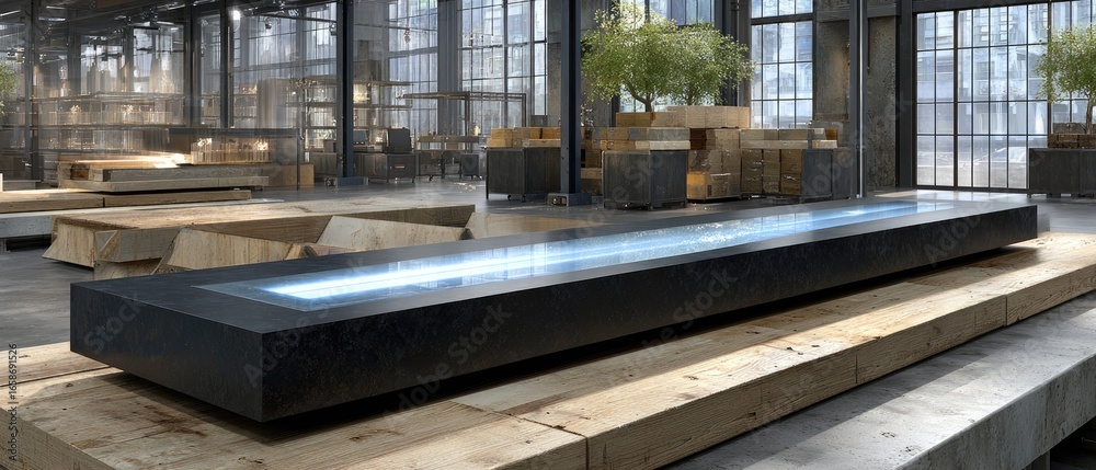 Fototapeta premium A sleek blue train stands ready in an expansive industrial space, reflecting high-tech design and engineering during testing procedures