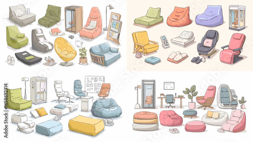 Flat vector illustration of modern chairs, bean bags, and recliners. Ideal for interior design, home comfort, relaxation, and modern lifestyle concepts.