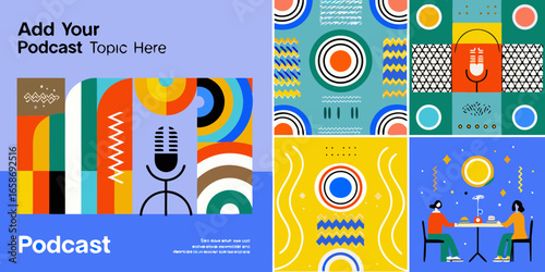 Colorful Podcast Cover Art with Retro Geometric Design and Space for Title