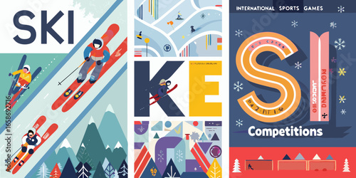 Colorful Ski International Sports Games Competitions Poster Collage Illustration Design