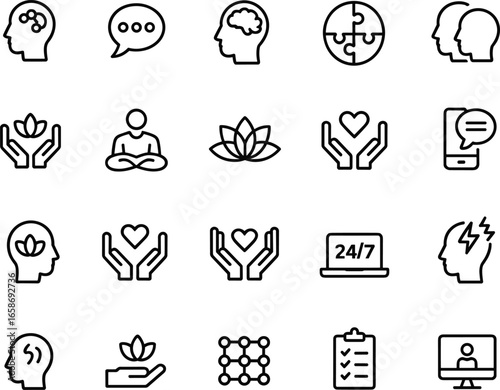 Mental health and wellness icon set, therapy, mindfulness, support, brain care, self-care, psychology, online counseling, vector illustration.