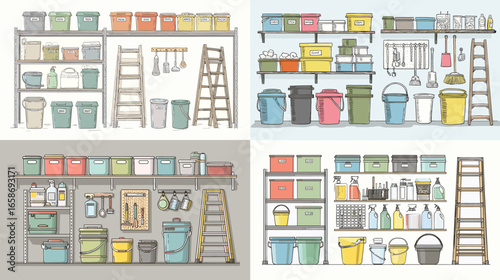 Flat vector illustration of garage shelves with boxes, ladders, and cleaning tools. Perfect for storage, organization, workshop, and household maintenance design.