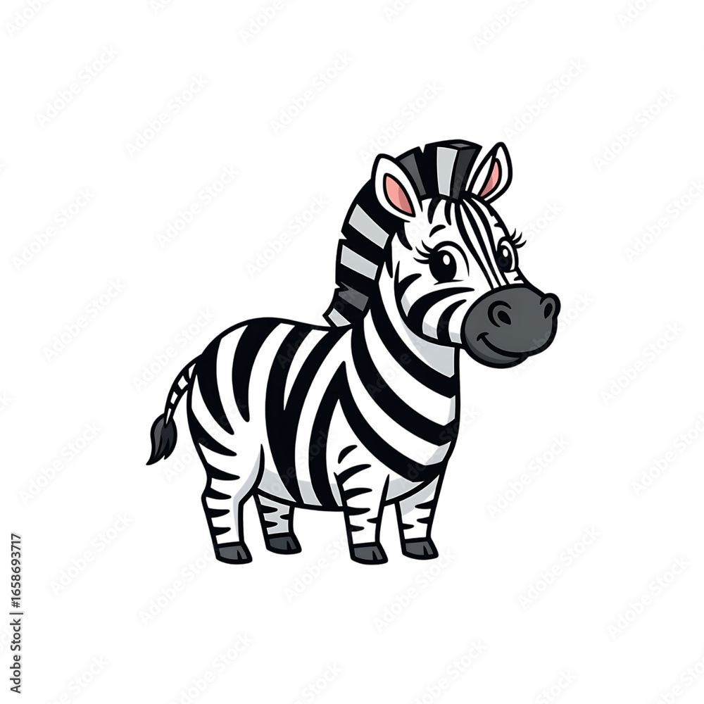 Obraz premium Adorable cartoon zebra with pink ear accent standing still for a portrait transparent background