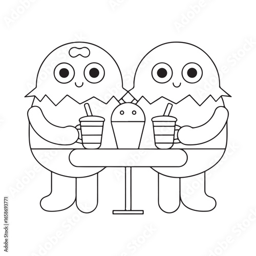 Two cartoon egg characters sitting at a table with drinks and a shared dessert illustration eggs