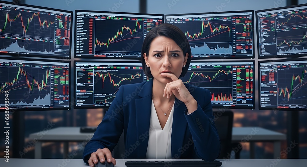 Fototapeta premium Businesswoman looking worried at international stock market data on multiple screens