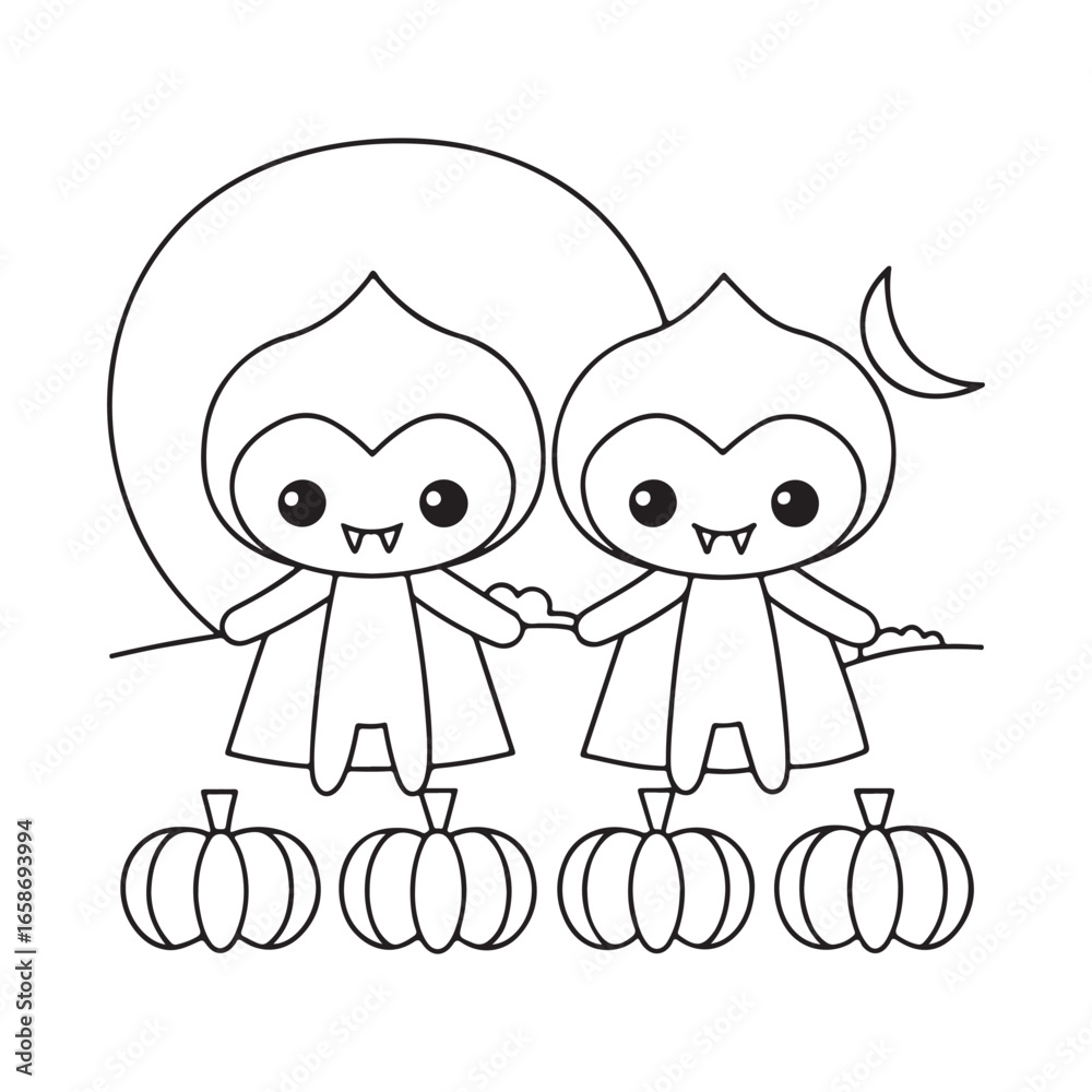 Obraz premium Two cute cartoon vampires holding hands with pumpkins and moon halloween illustration