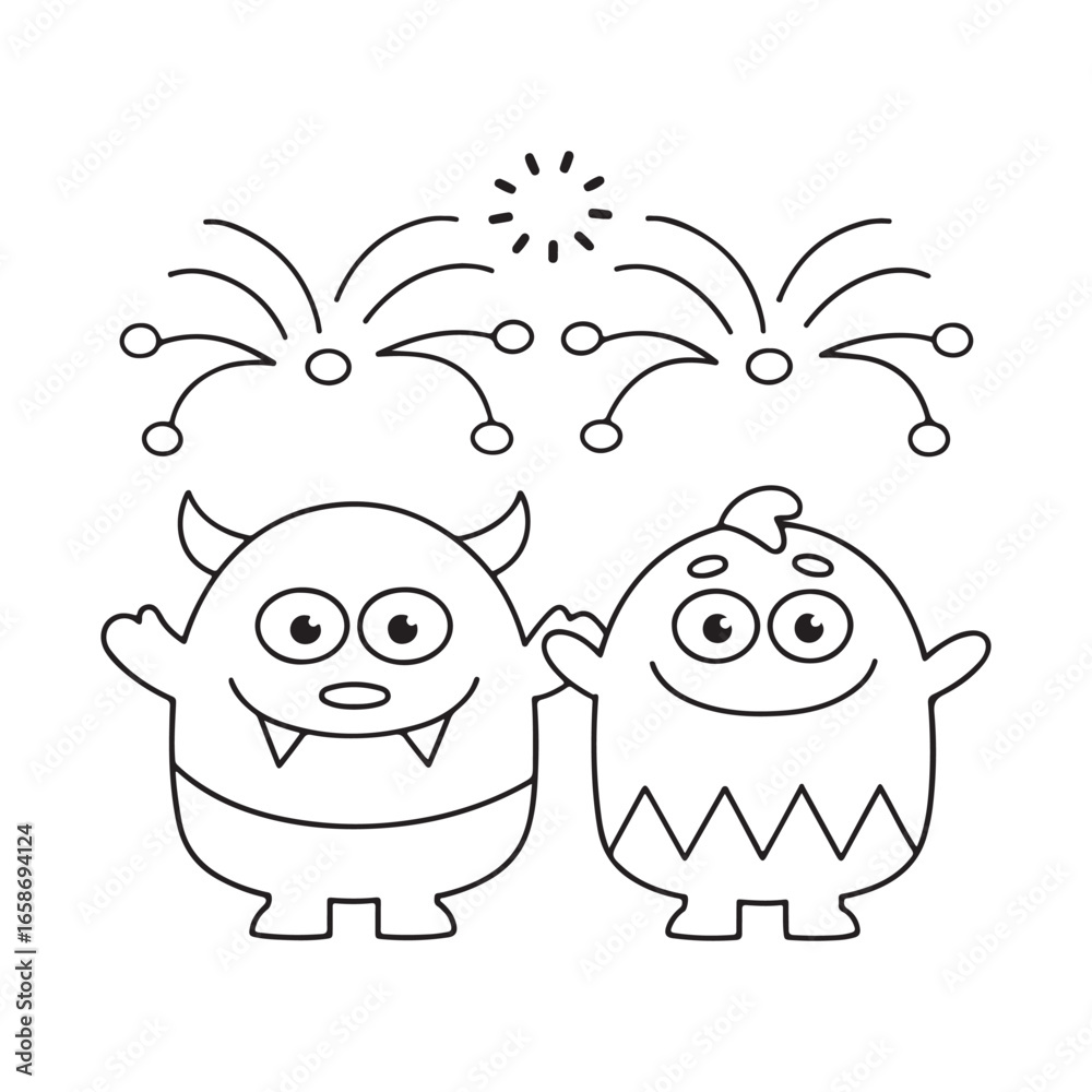 Fototapeta premium Two happy cartoon monsters with horns standing under fireworks in a simple line art style creature